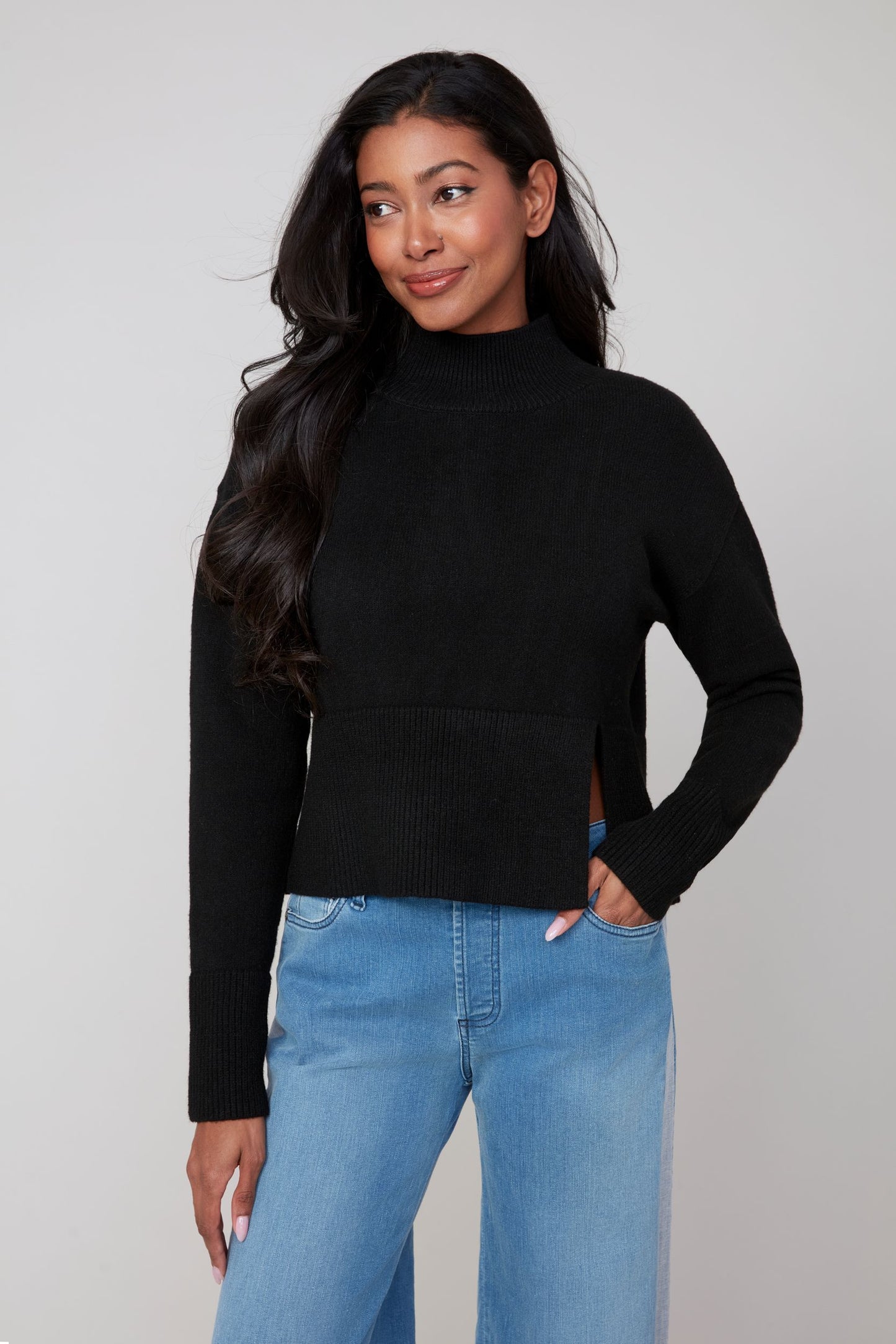Cropped Mock Neck Sweater with Split Hem - Black