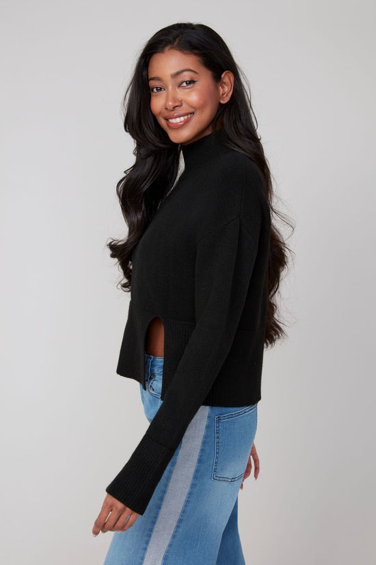 Cropped Mock Neck Sweater with Split Hem - Black