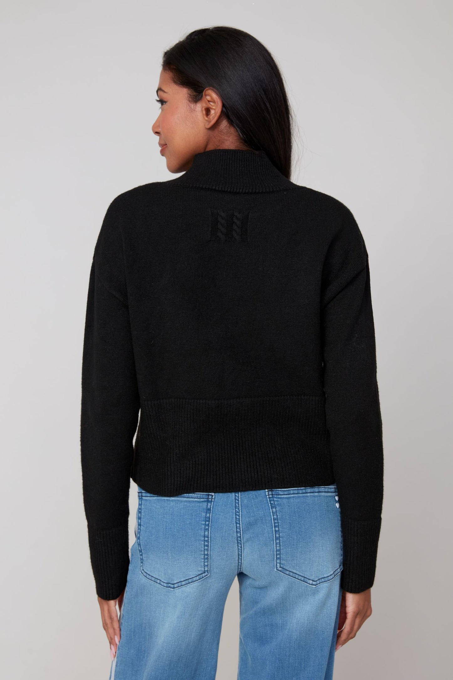 Cropped Mock Neck Sweater with Split Hem - Black