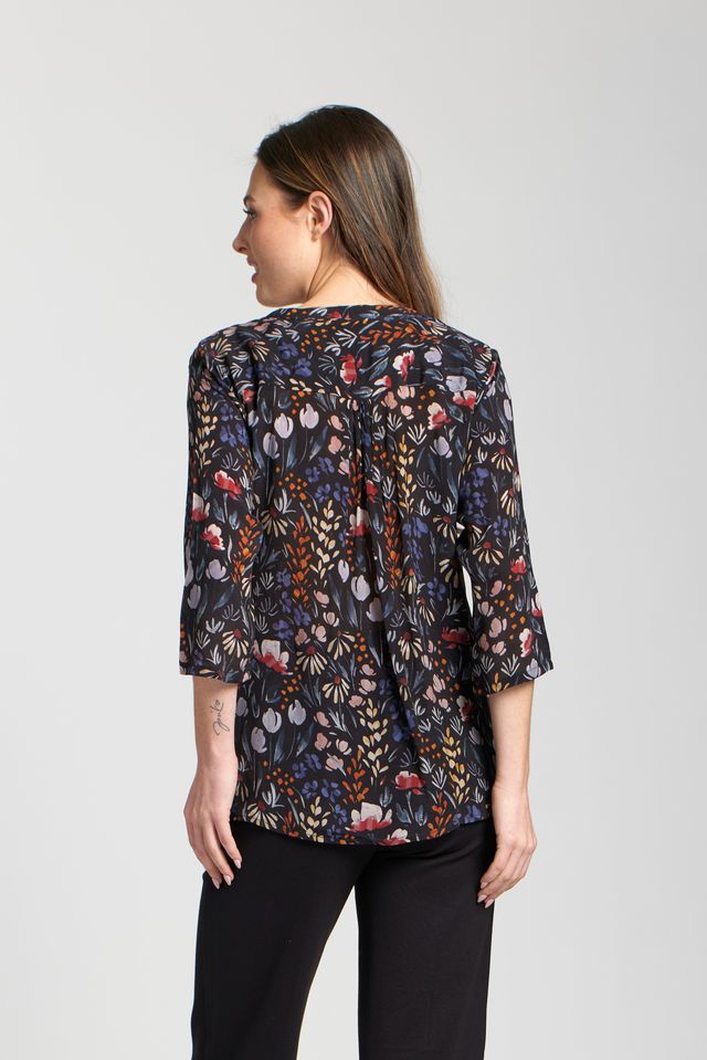 Tie Front Floral Print Top with 3/4 Sleeves- Black Multi