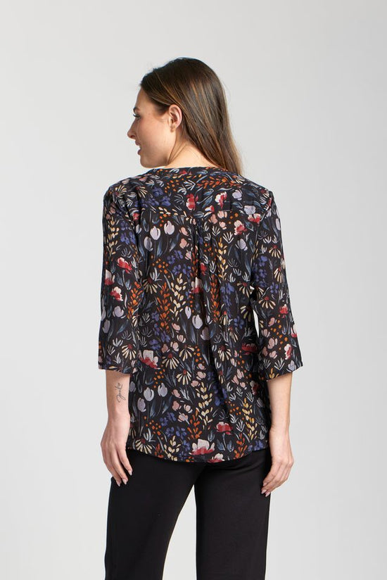 Tie Front Floral Print Top with 3/4 Sleeves- Black Multi
