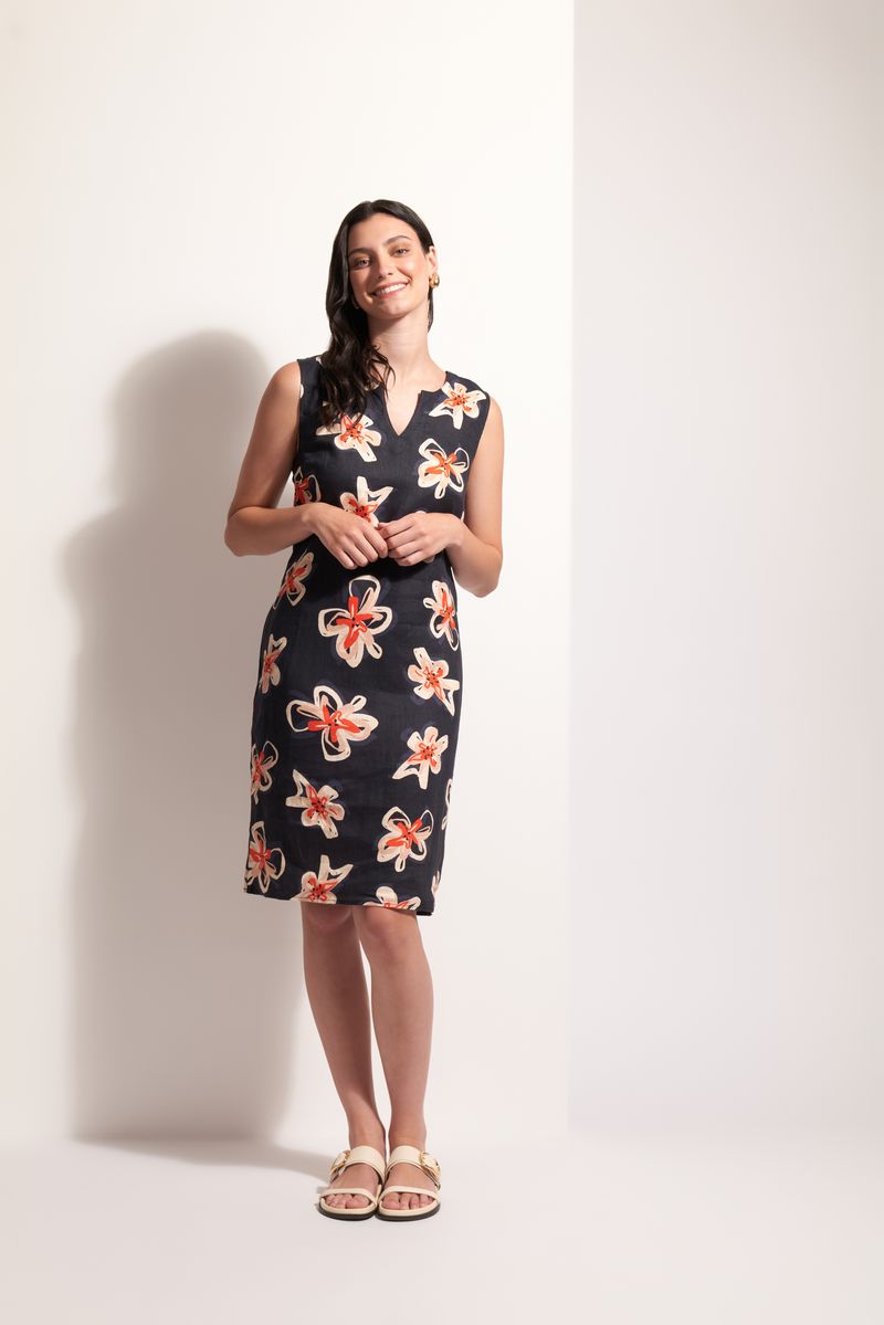 V-Neck Sleeveless Midi Dress - Flower Doodle