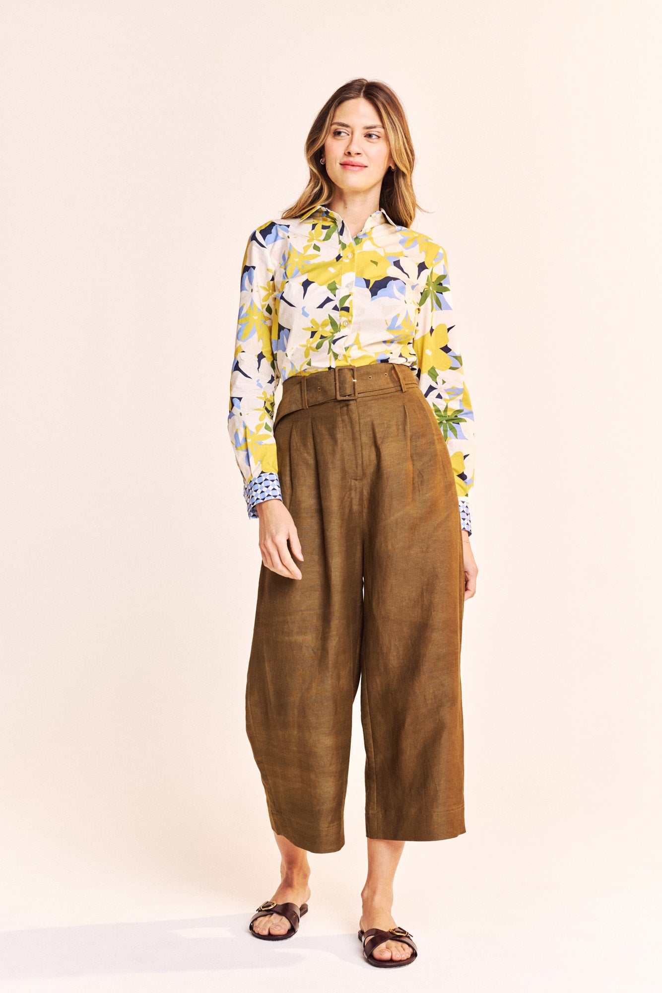 Wide Leg Belted Cropped Pants - Military Olive
