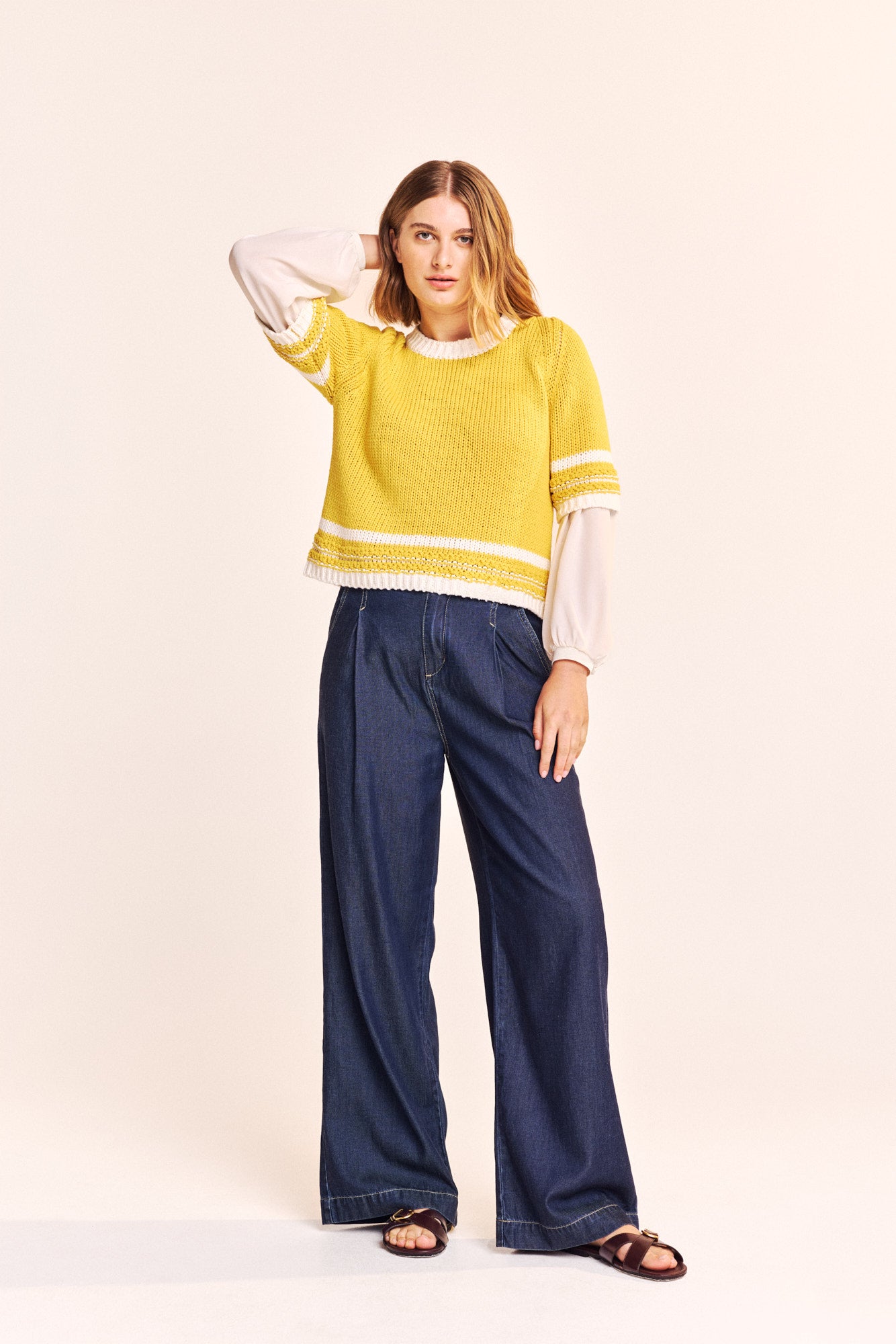 Short Sleeve Cotton Sweater - Sulphur Stripe