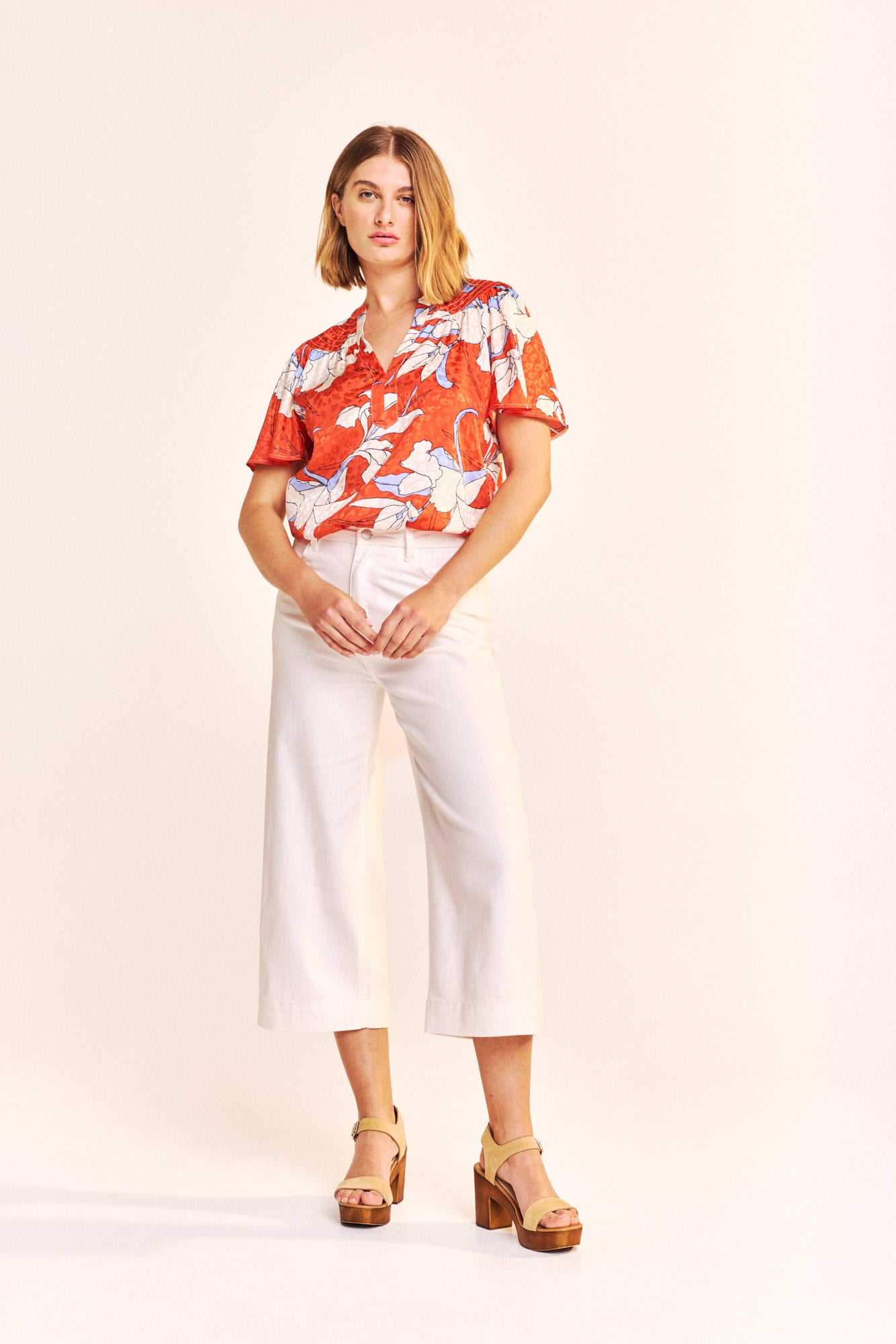 Wide Leg Belted Cropped Pants - White