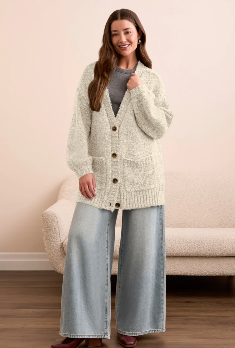 Oversized Puff Sleeve Cardigan - Heather Cream