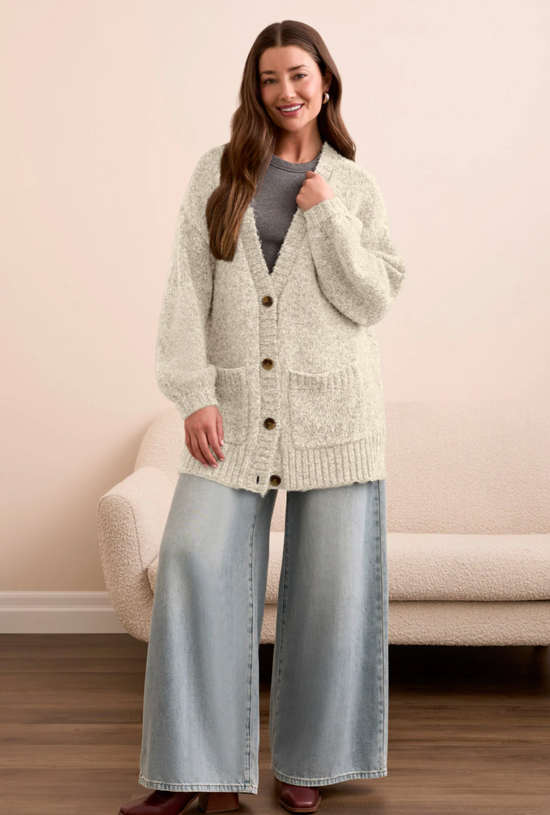 Oversized Puff Sleeve Cardigan - Heather Cream