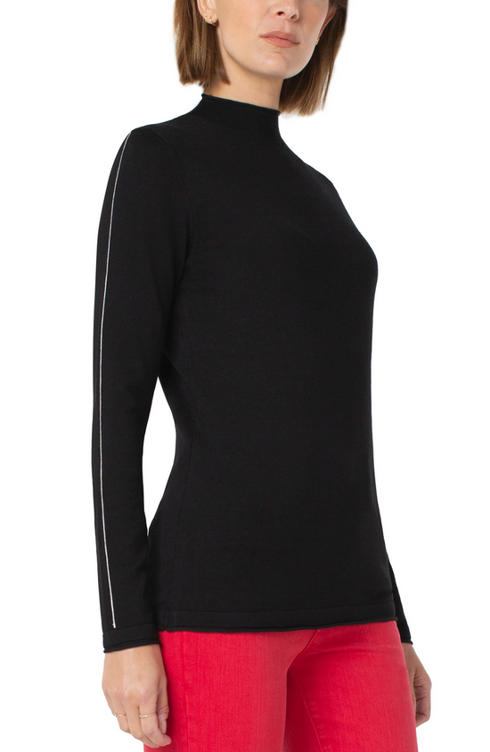 Mock Neck Sweater with Rolled Hem - Black