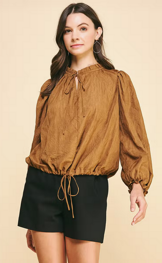 Long Sleeved Crinkled Fabric Top - Toffee