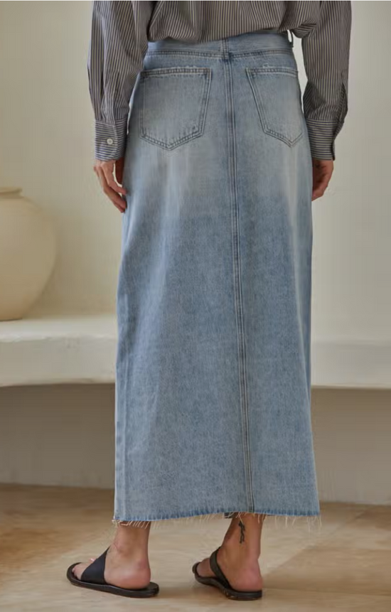 Woven Denim Midi Skirt With Center Front Slit
