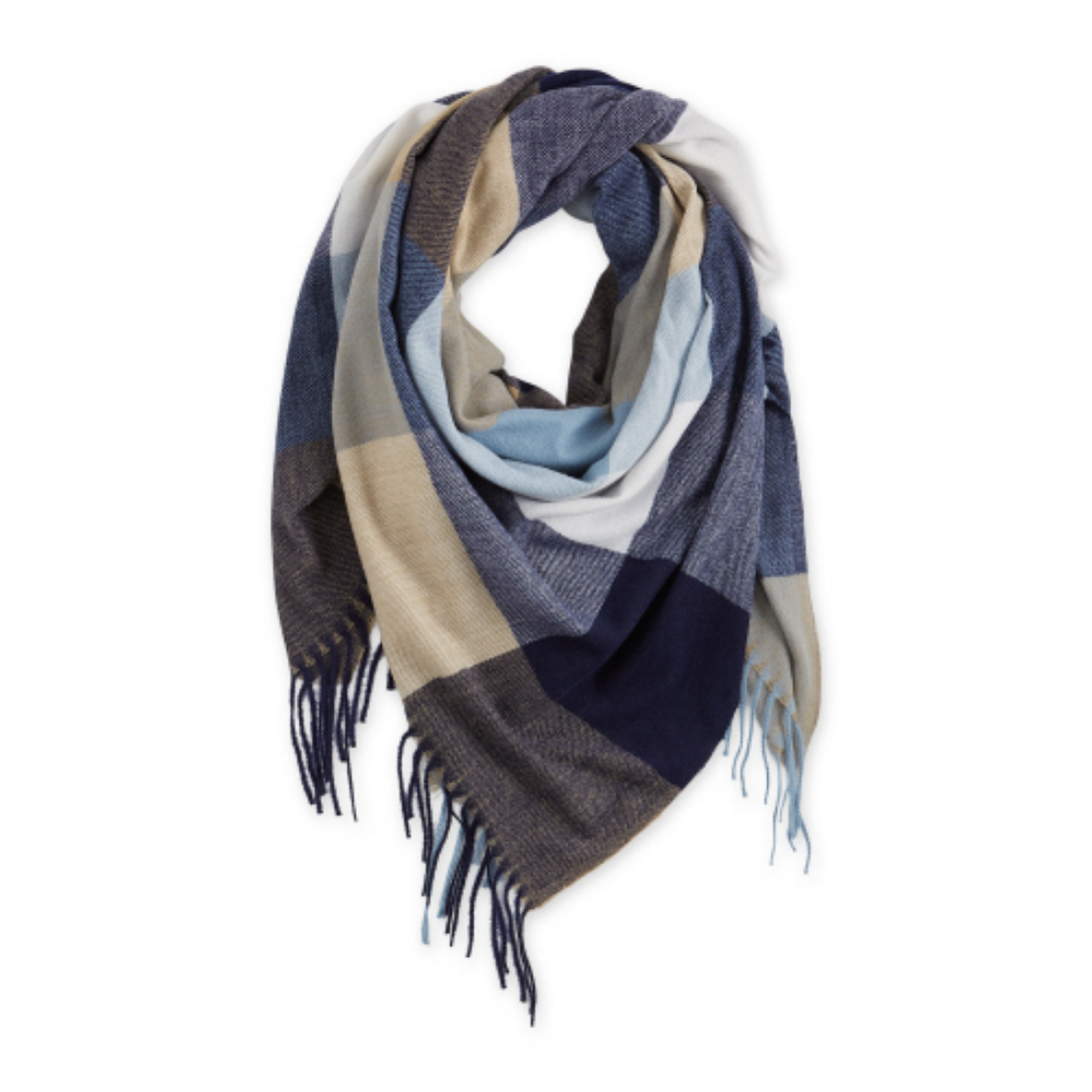 Blanket Scarf with Fringe - Blue/Beige