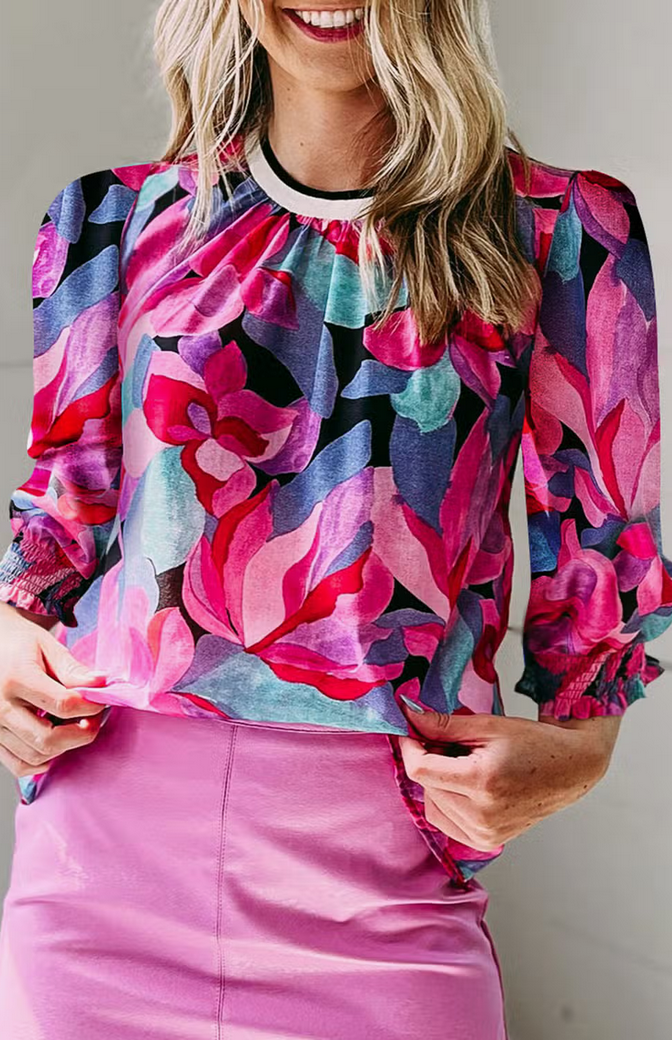 Abstract Floral Print Top with Puffed Sleeves - Multi