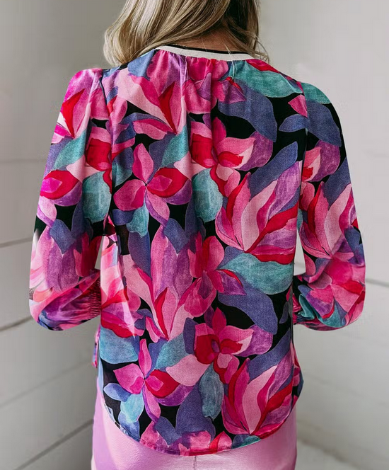 Abstract Floral Print Top with Puffed Sleeves - Multi