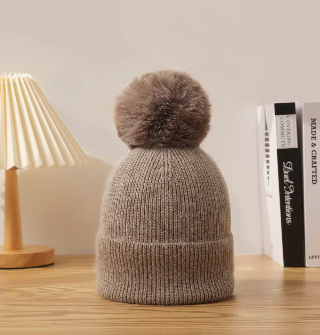 Single Pom Pom Beanie - Beige