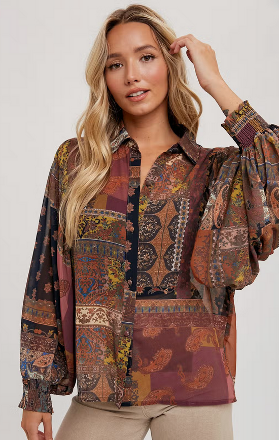 Load image into Gallery viewer, Scarf Print Top with Bishop Sleeves - Black/Mauve
