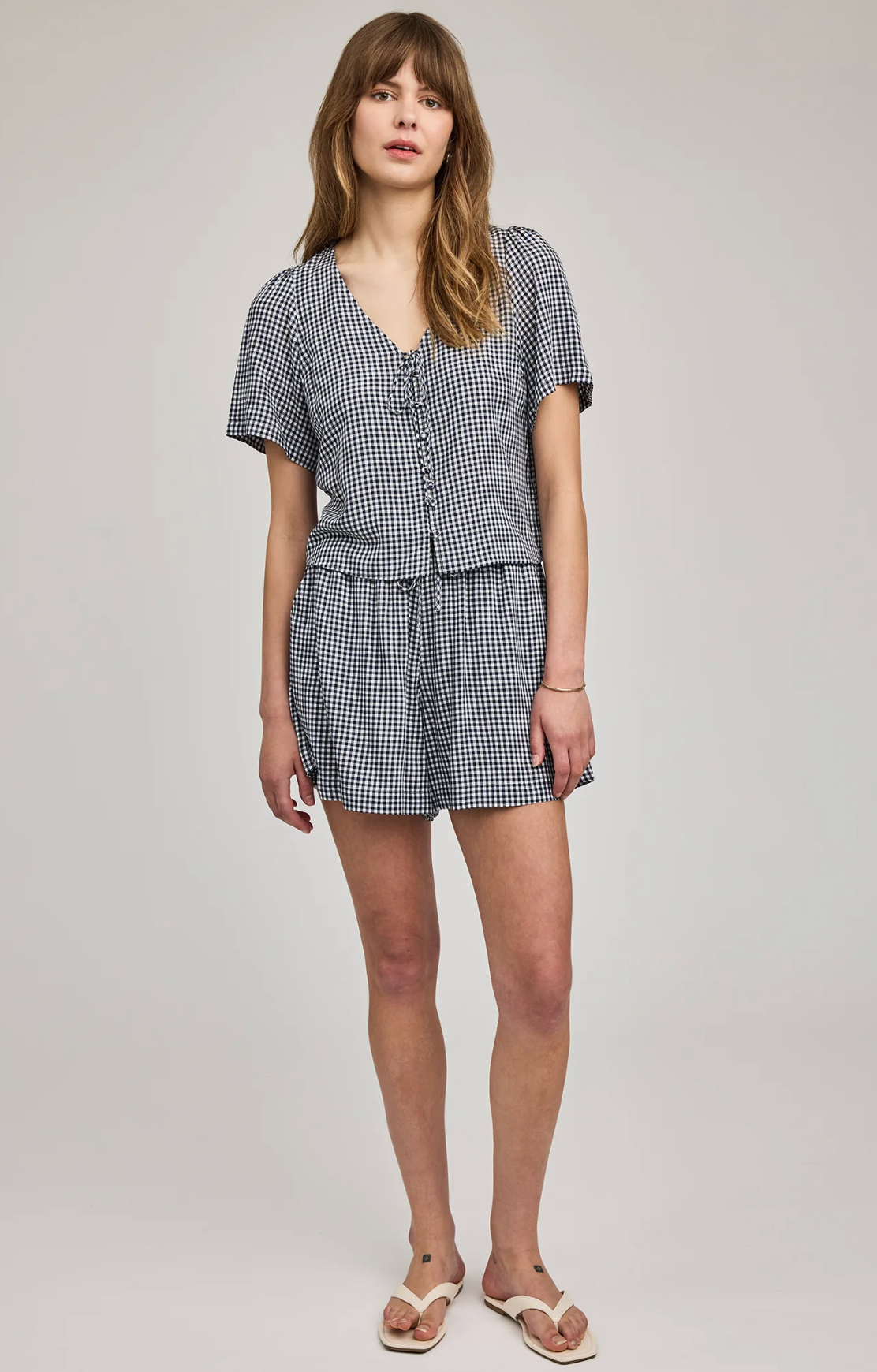 Becca Short Sleeve Gingham Top - Navy