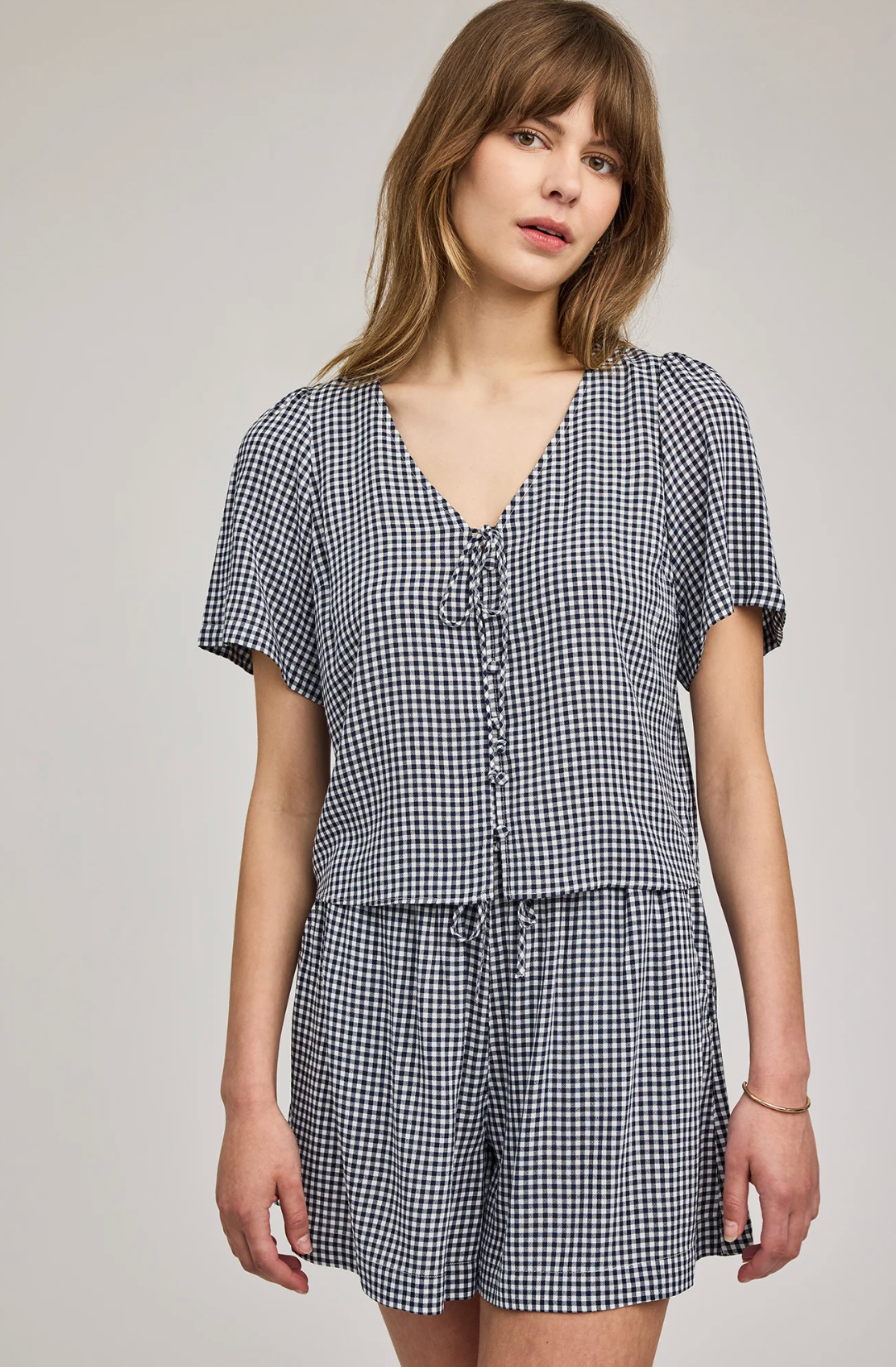 Becca Short Sleeve Gingham Top - Navy