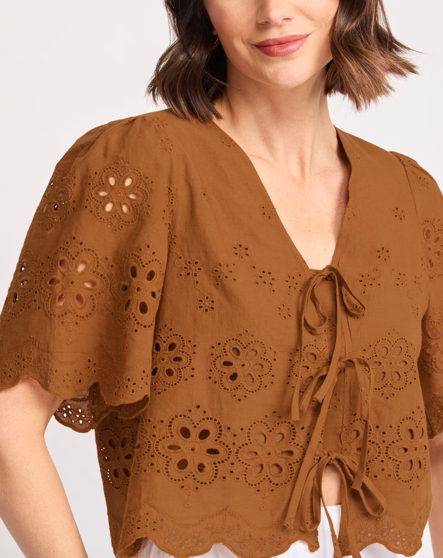 Short Sleeve Eyelet Top with Ties - Brown