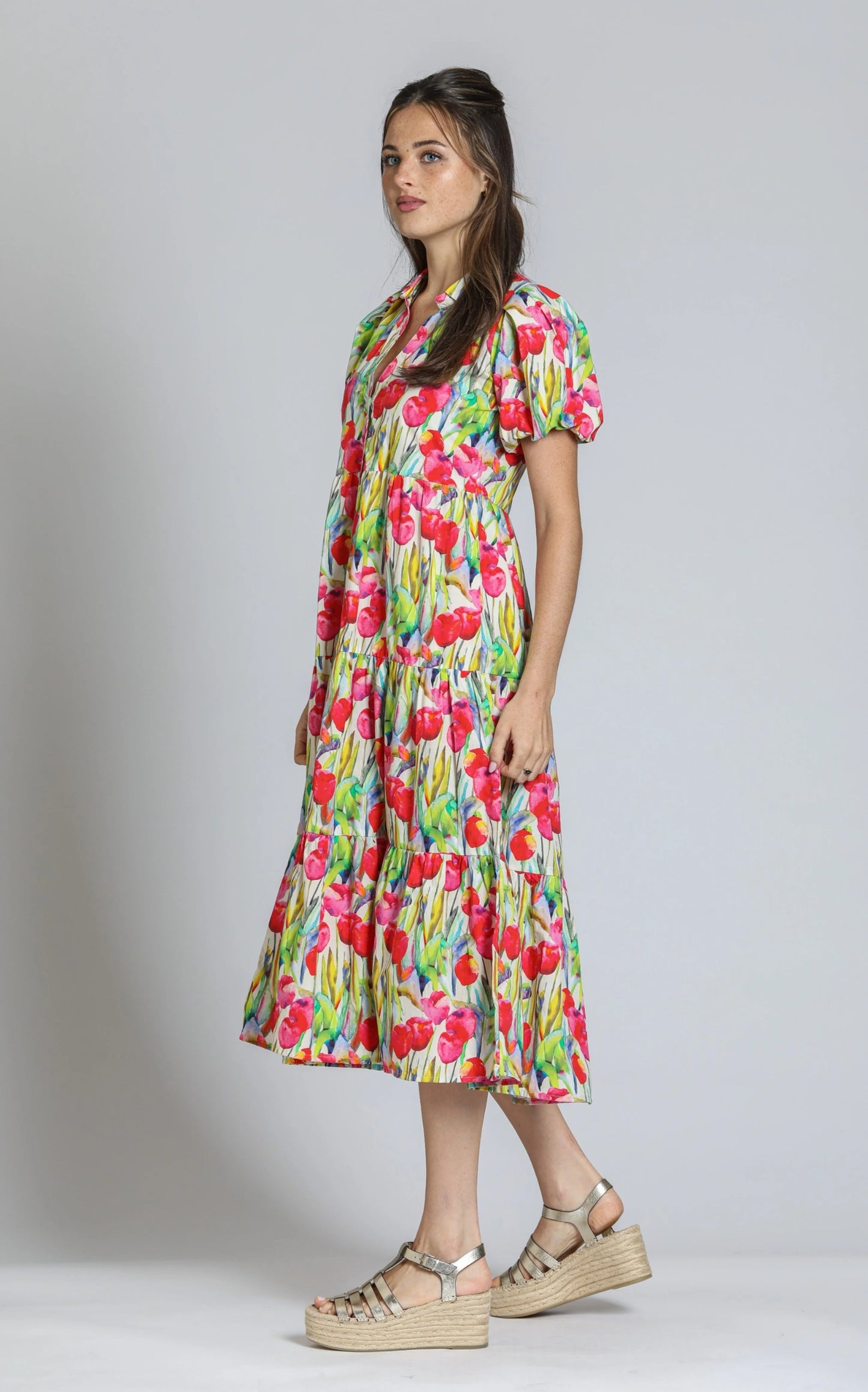 Tiered Puff Sleeve Shirt Dress - Pink Multi