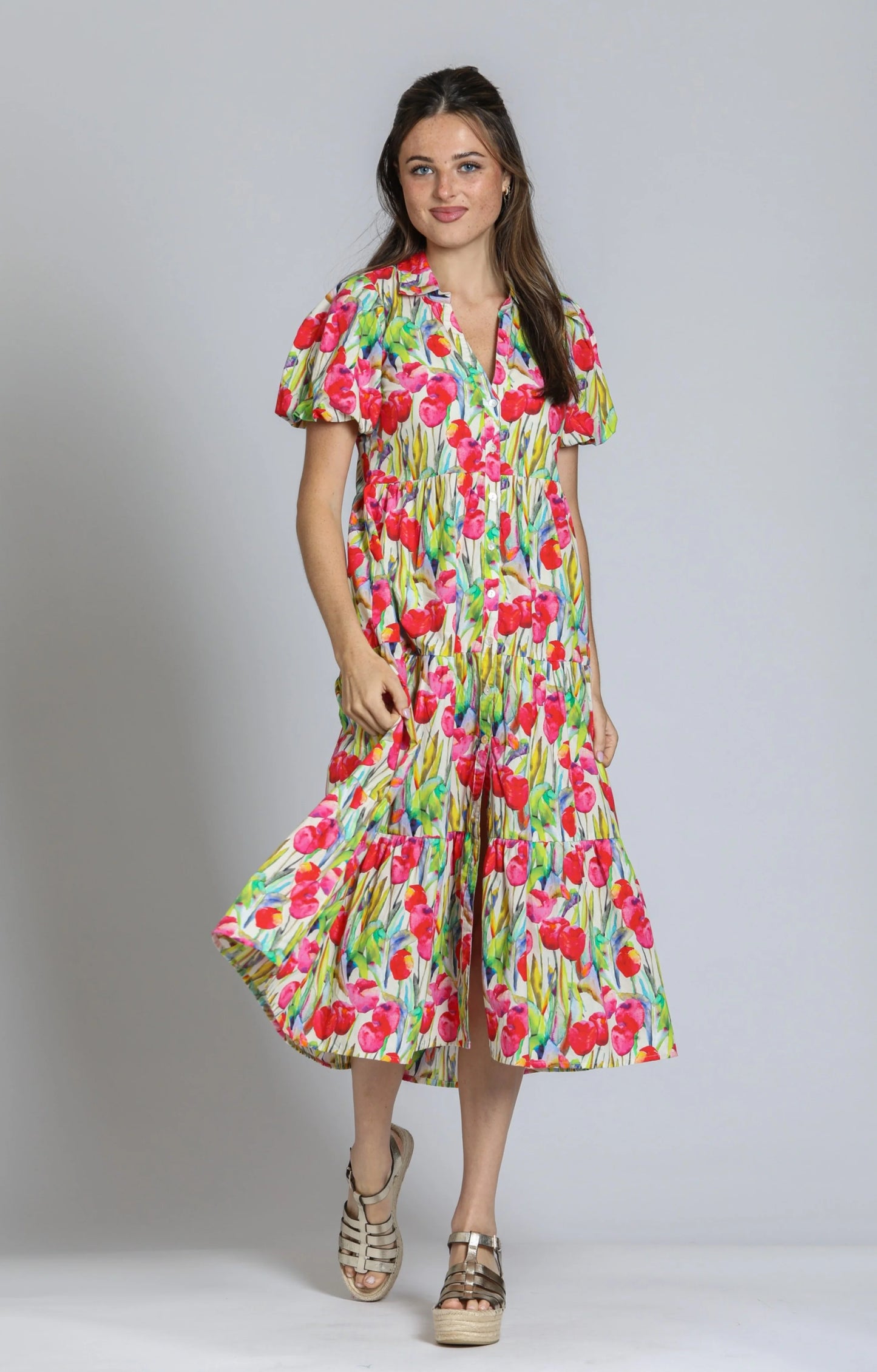 Tiered Puff Sleeve Shirt Dress - Pink Multi