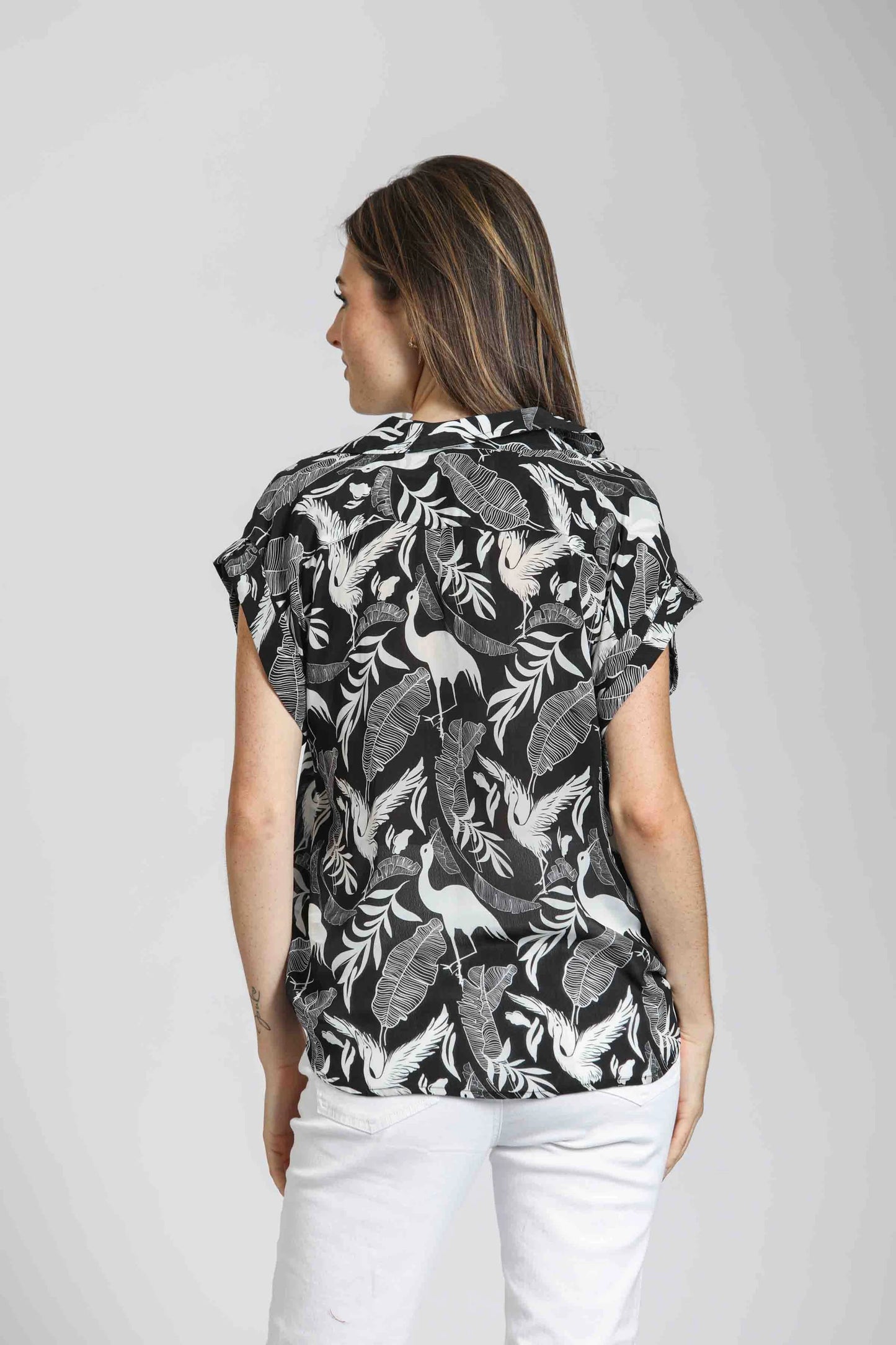 Print Wrap Top with Tab Cuffs - Black/White