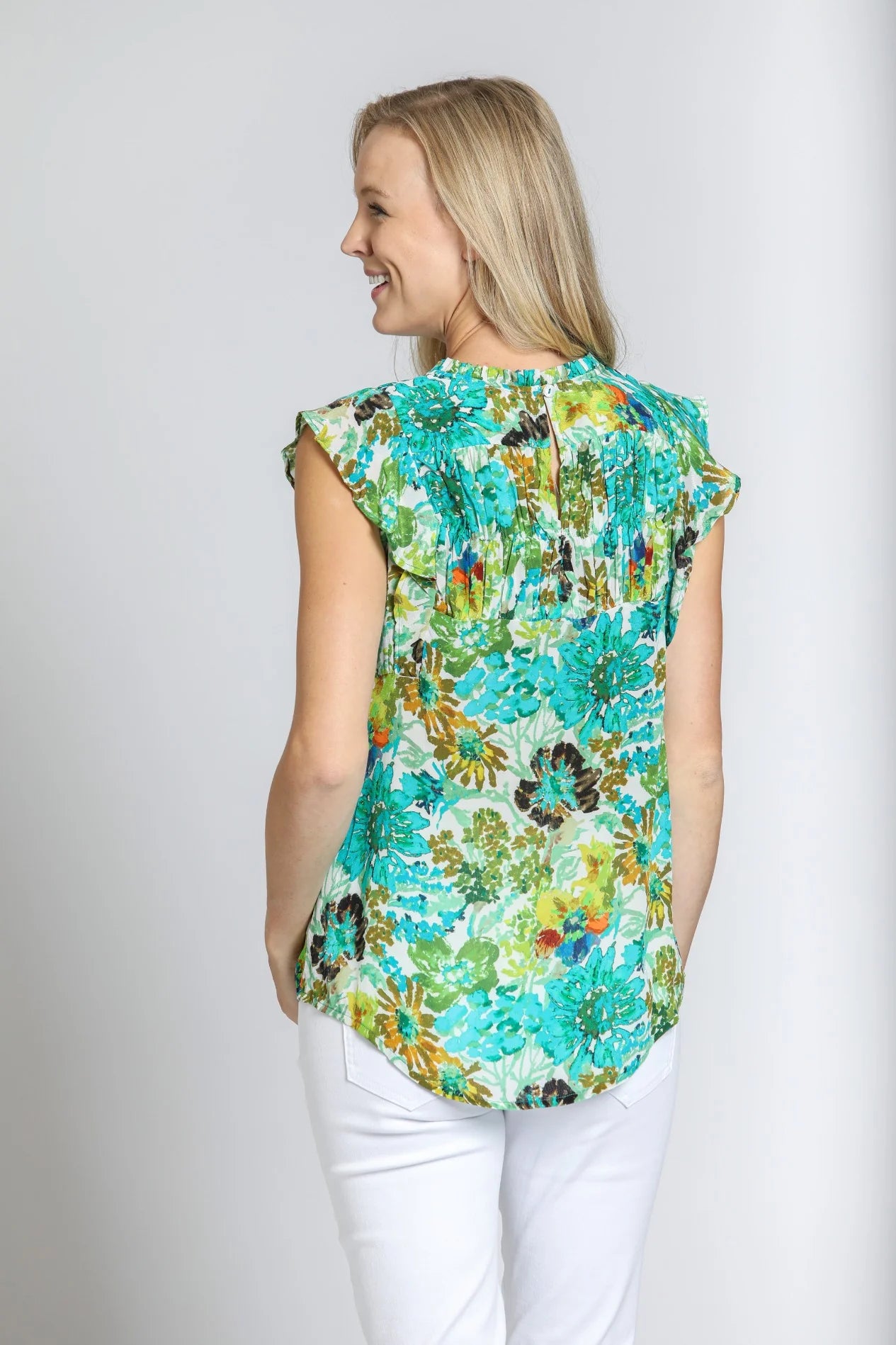 Sleeveless Flutter Sleeve Top - Green Multi