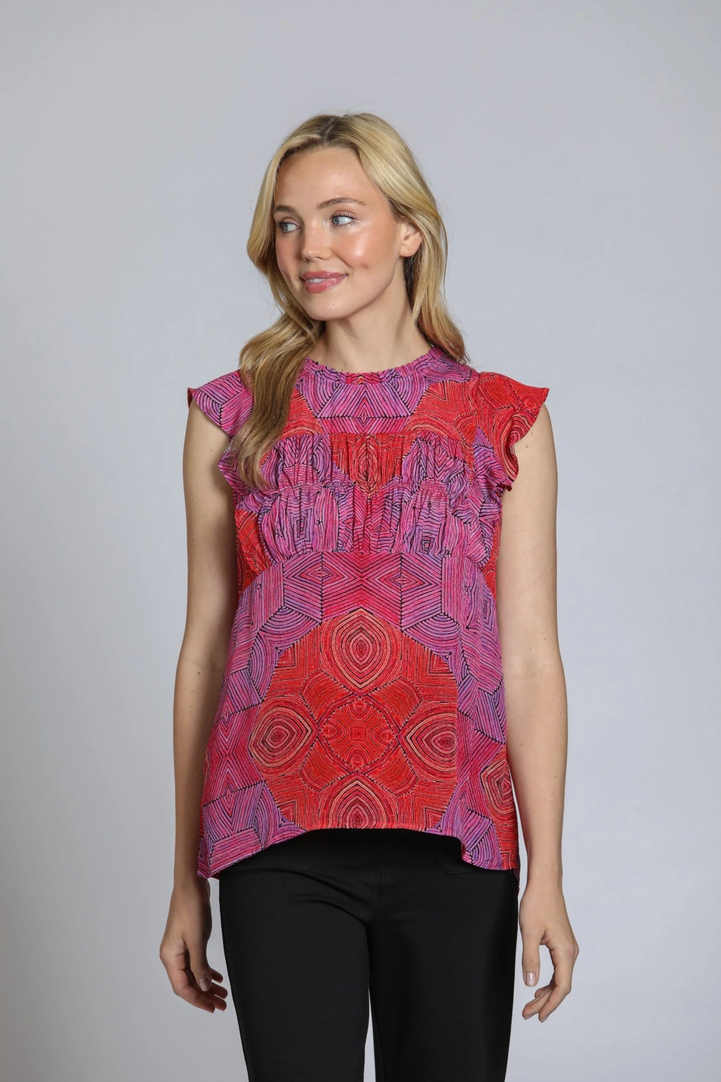 Sleeveless Flutter Sleeve Top - Red/Purple