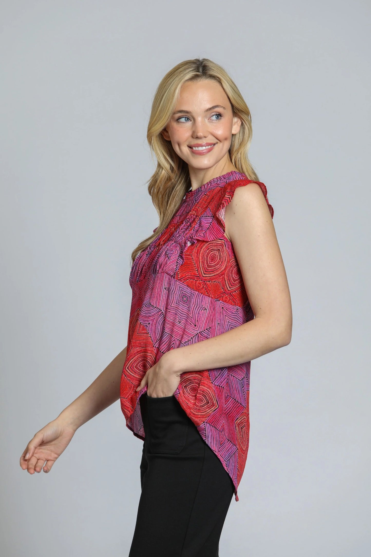 Sleeveless Flutter Sleeve Top - Red/Purple