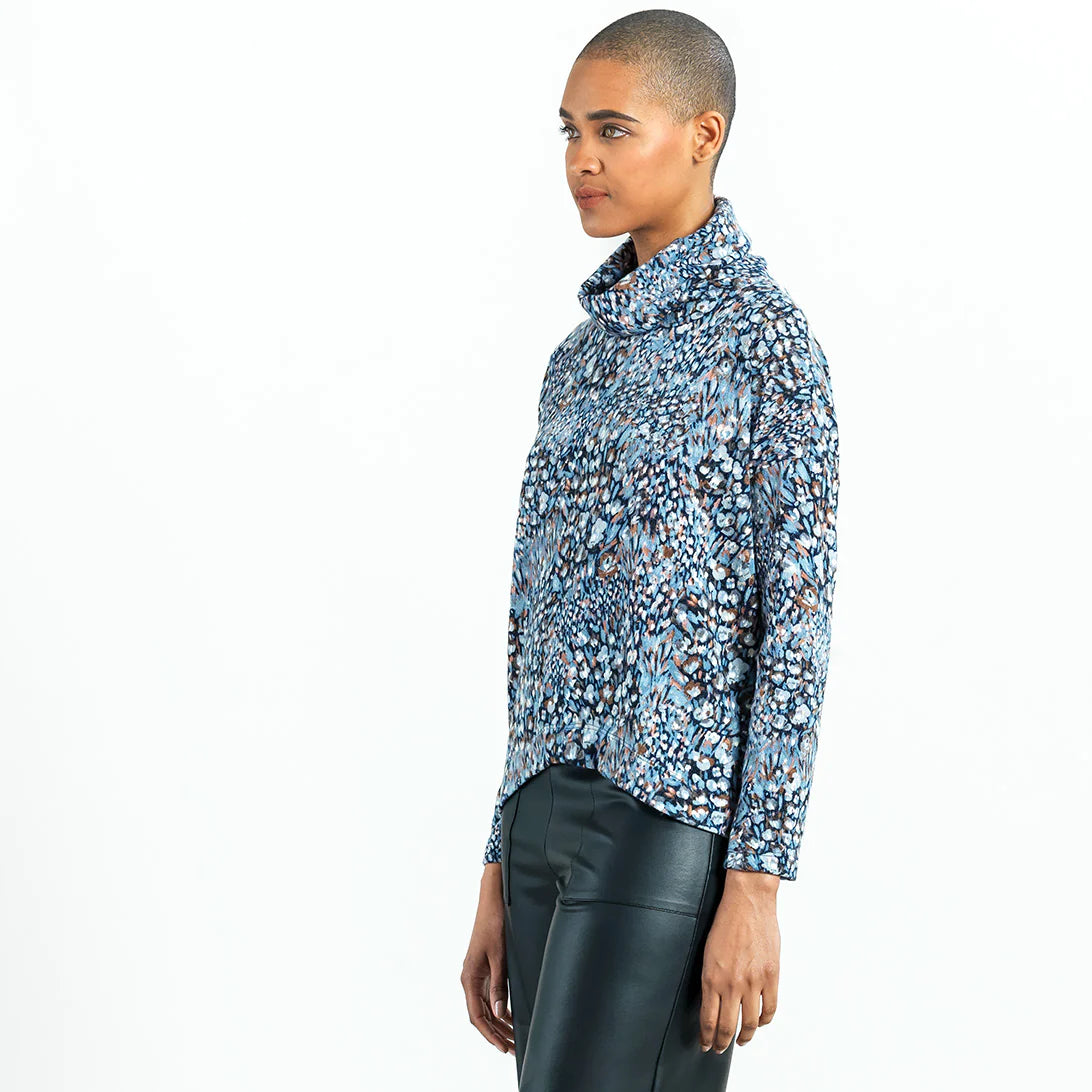 Cowl Neck Sweater - Blue Multi Floral Print