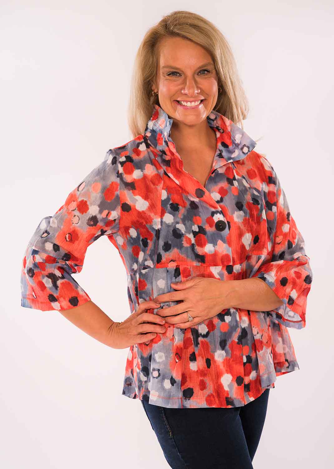 Load image into Gallery viewer, Peplum Jacket with Wire Collar - Red / Blue
