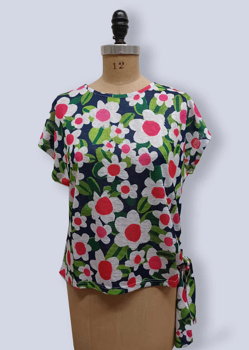 Short Sleeve Floral Tee with Side Tie - Navy/Pink