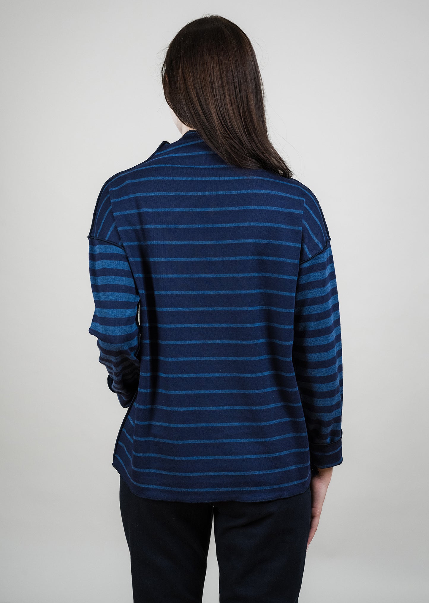Mock Turtleneck Drop Sleeve Sweater with Stripes - Denim/Navy