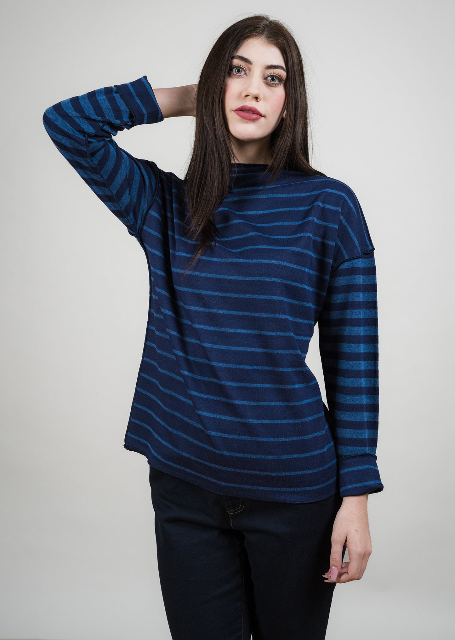 Mock Turtleneck Drop Sleeve Sweater with Stripes - Denim/Navy