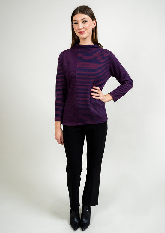 Mock Turtleneck Sweater with Stripes - Burgundy/Navy