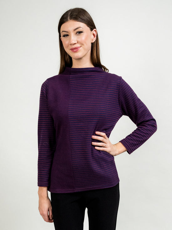 Mock Turtleneck Sweater with Stripes - Burgundy/Navy