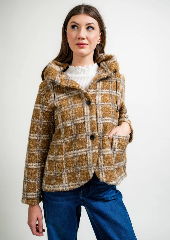 Boucle Pouf Neck Coat - Taupe Plaid