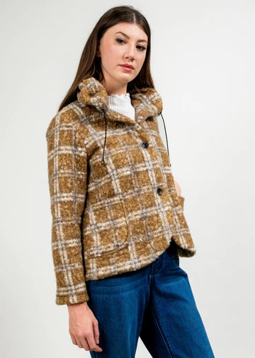 Boucle Pouf Neck Coat - Taupe Plaid