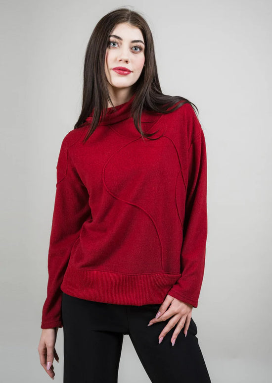 Cowl Neck Sweater with Front Seam Detail - Red