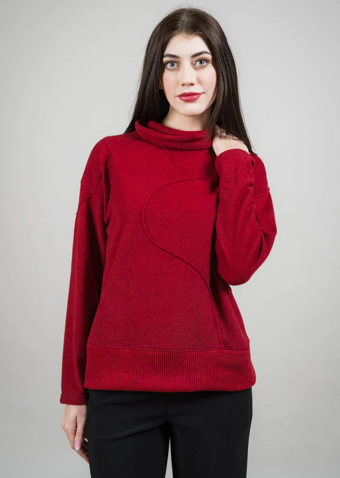 Cowl Neck Sweater with Front Seam Detail - Red