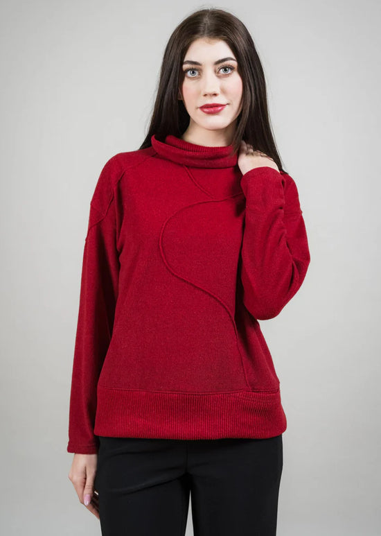 Cowl Neck Sweater with Front Seam Detail - Red