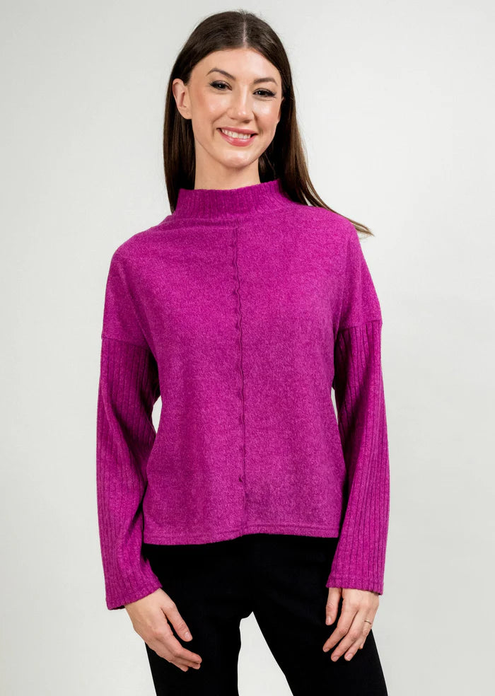 Mock Turtleneck Sweater with Front Seam - Raspberry