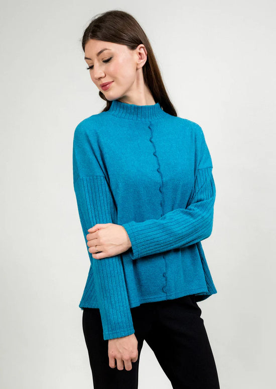 Mock Turtleneck Sweater with Front Seam - Turquoise