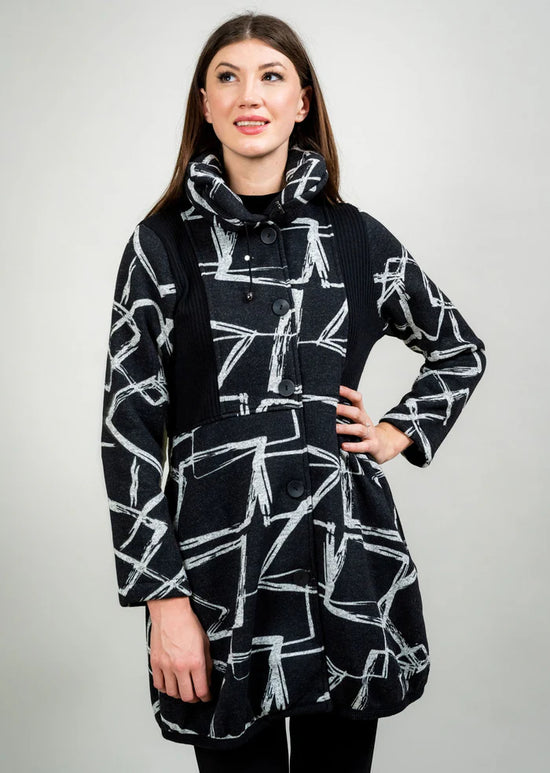Mixed Media Button Front Coat - Black/Grey