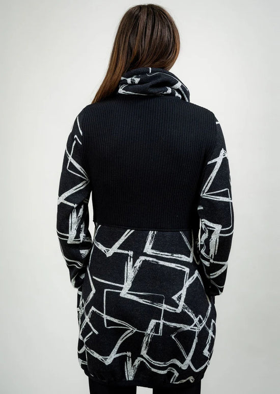 Mixed Media Button Front Coat - Black/Grey