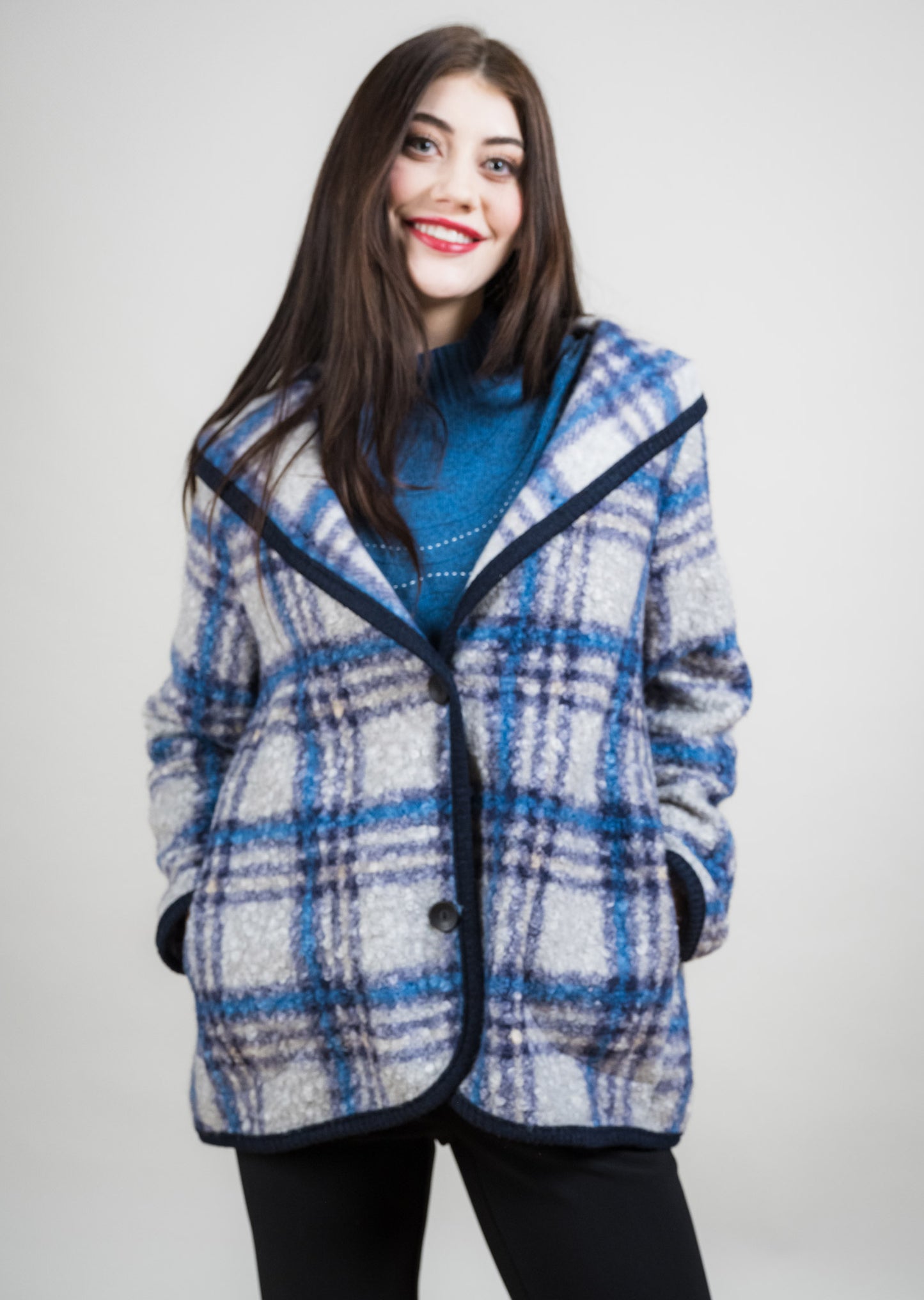 Boucle Plaid Hooded Coat - Grey/Denim