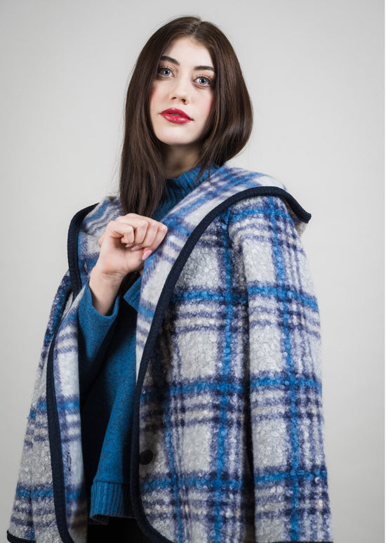 Boucle Plaid Hooded Coat - Grey/Denim