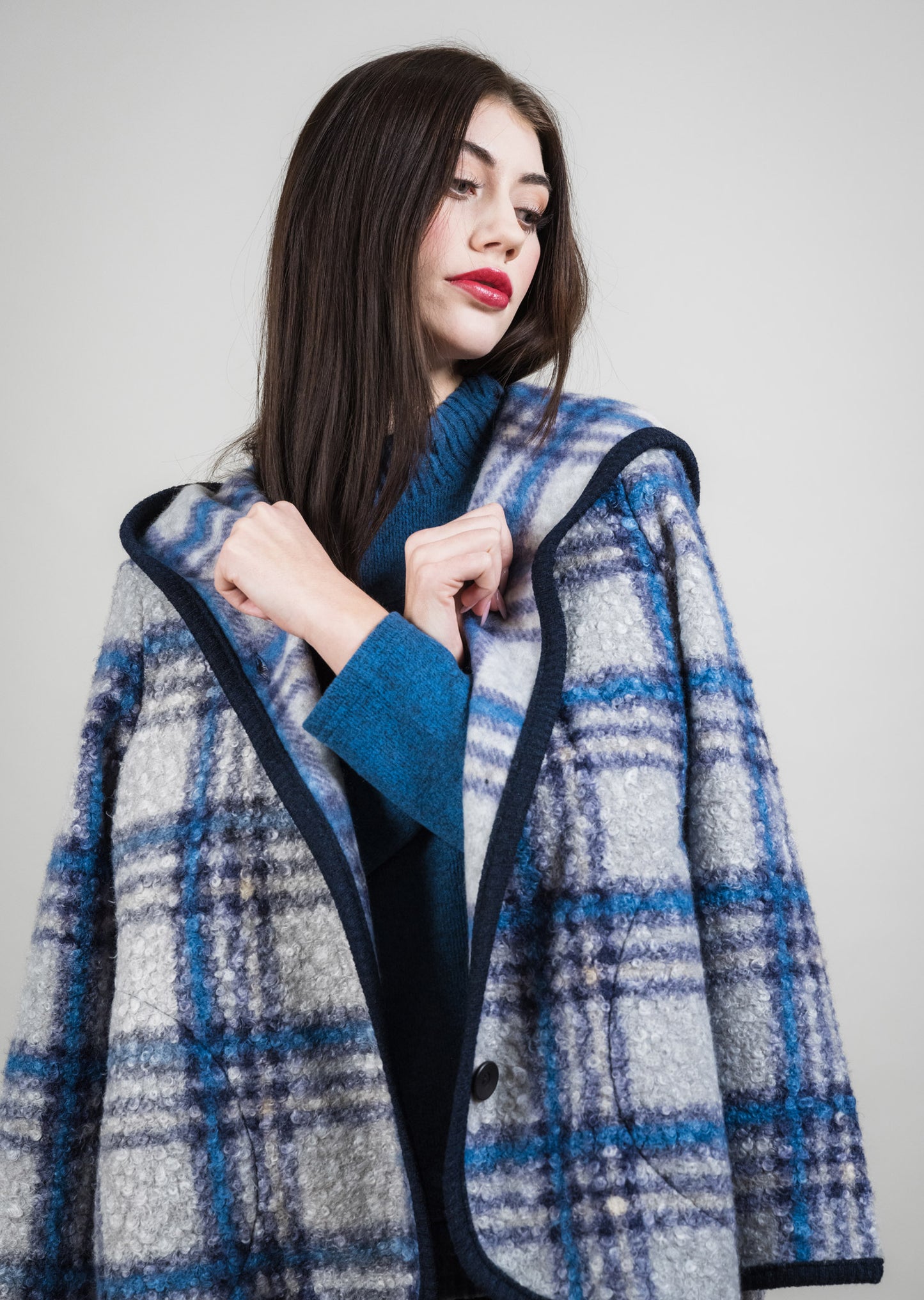 Boucle Plaid Hooded Coat - Grey/Denim