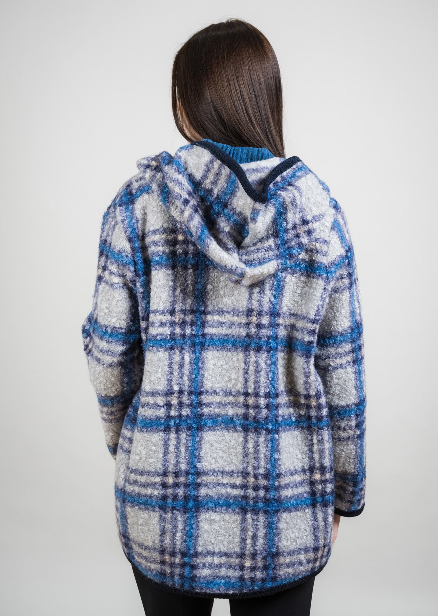 Boucle Plaid Hooded Coat - Grey/Denim