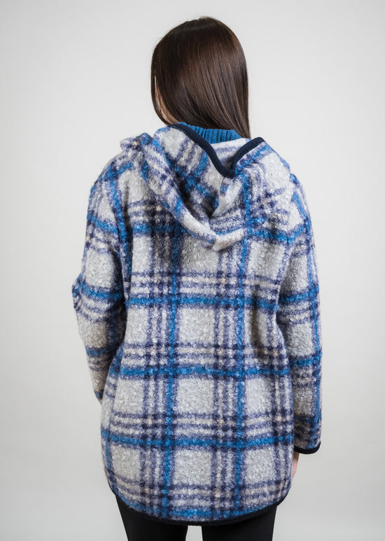 Boucle Plaid Hooded Coat - Grey/Denim