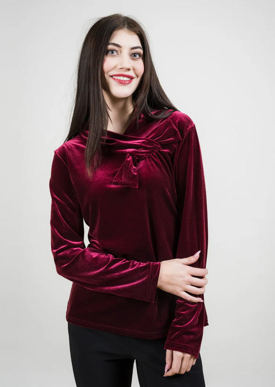 Velvet Bow Neck Top - Burgundy